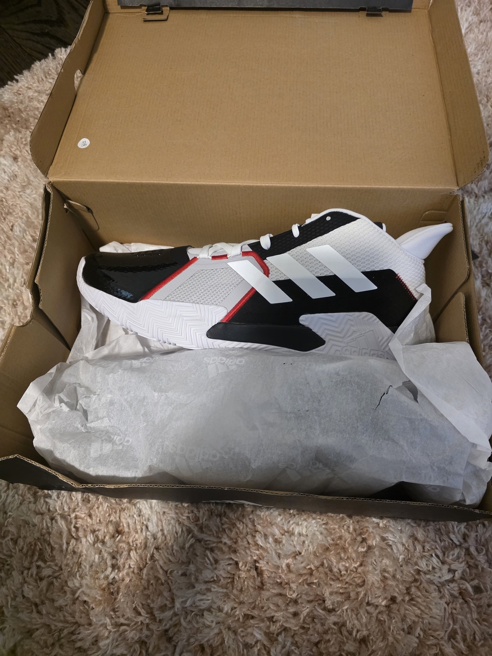 adidas Men’s White Black Sneakers with Red Trim